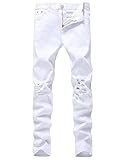 Leward Men's Slim Fit Black Stretch Destroyed Ripped Skinny Denim Jeans (30, White)