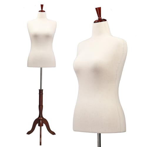 Bonnlo Upgraded Female Dress Form, Mannequin Torse Body with Adjustable Rubber Wood Stand for Dress Jewelry Display (White, 14-16)