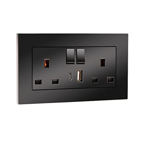 5 Pack CNBINGO Double Switched Power Socket with Dual USB Charging Ports (Type A and C), Black 13 Amp Electric Wall Socket