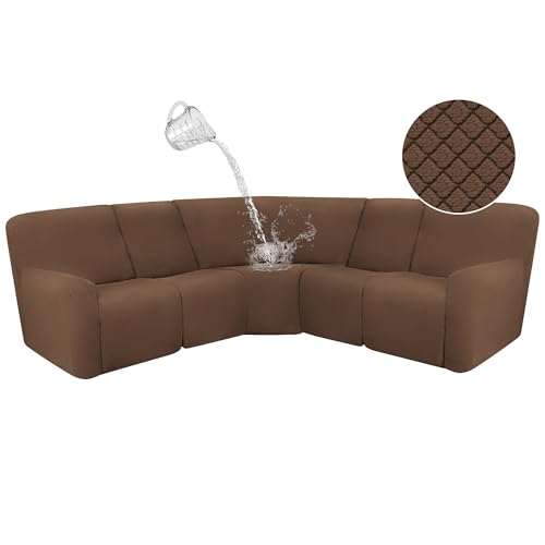 Photo 1 of ALIECOM 100% Waterproof Sectional Recliner Couch Covers L Shape Sofa Cover Jacquard Stretch 5-Piece Corner Couch Cover for Reclining Sectional Slipcover Furniture Protector (5 Seat, Light Brown)