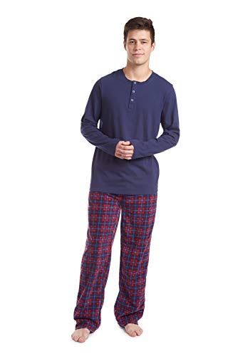 Cherokee - Men’s Pajama Set - Long Sleeve & Long Pants - Soft & Cozy Loungewear - Classic Relaxed Fit - Solid Cotton Top & Micro Fleece Printed Bottoms - Pockets & Drawstring, Small, Navy/Red at Amazon