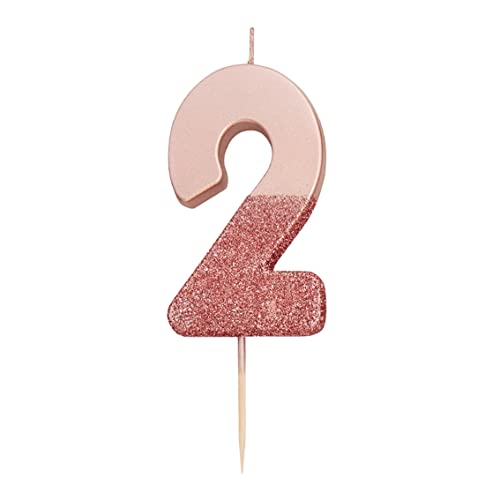 Talking Tables Rose Gold Glitter Number 2 Candle | Premium Quality Cake Topper Decoration | Pretty, Sparkly for Kids, Adults, 21st Birthday Party, Anniversary, Milestone, RoseGold2