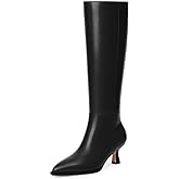 Modatope Knee High Boots Kitten Low Heel Faux Leather Pointed Toe Side Zipper Fall Long Tall Boots for Women