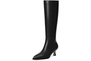 Modatope Knee High Boots Kitten Low Heel Faux Leather Pointed Toe Side Zipper Fall Long Tall Boots for Women