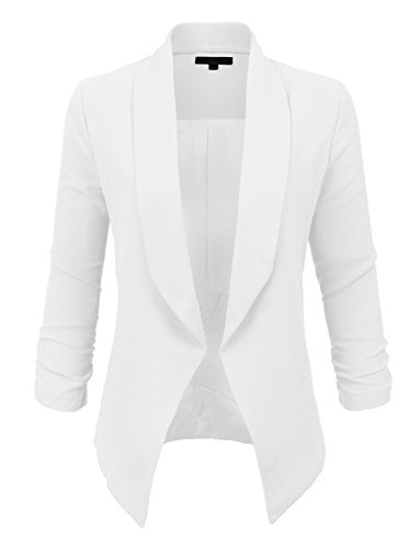 LE3NO Womens Textured 3/4 Sleeve Open Blazer Jacket, L3NWJC1196- WHITE, Medium