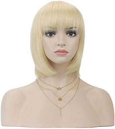 DAOTS 12’’ Short Bob Light blonde Wigs With Bangs for Women Synthetic Straight Hair Wig for Girls Natural Heat Resistant Wig