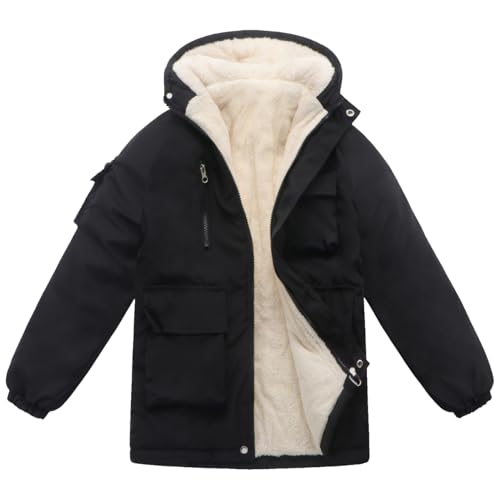 Podgina Winter Kids Boys Snow Coats Black Puffer Jacket Hooded Clothes Fleece-Lined Wear