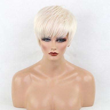 MZP Women's Human Hair Capless Wigs Natural Black Medium Auburn White Beige Blonde//Bleach Blonde Short Straight Pixie Cut Side Part , white