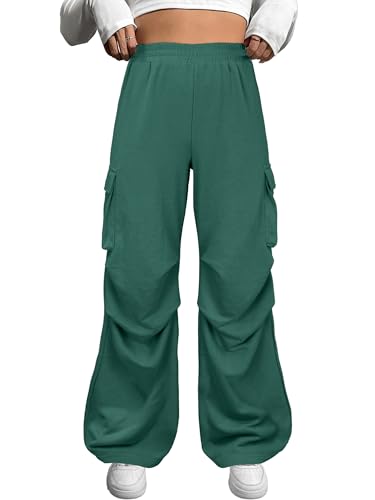 Photo 1 of ANRABESS Women Wide Leg Baggy Cargo Sweatpants Y2K Trendy High Waist Sweat Pants Trousers with Pockets Green Large