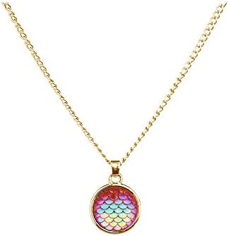WLLAY Gold Silver Plated Pretty Pink Mermaid Fish Scale Necklace Charm Collarbone Necklace (gold-pink)