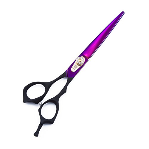 Dream Reach 7.0 inches Professional Decompressed Elastic Handle Pet Grooming Scissors Set,Straight & Chunker & 2 Curved scissors 4pcs set for Dog grooming (Purple) (4PSC Set)