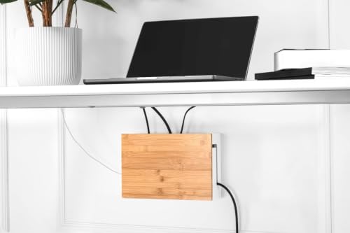 Bamboo Cable Management Box 32×20×11cm - Magnetic Lid - Cable Organizer Wall Mount with Accessories Included - Cable Storage Box for Office, TV and Home Office (White)