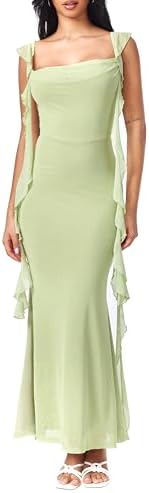 solid ruched u neckline ruffle maxi dress Solid Ruched U-neckline Ruffle Maxi Dress