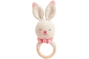 Chippi & Co Wooden Crochet Baby Rattle, Crochet Baby Toys Stuffed Animals Easter Gifts for Kids, Newborn Toys, Easter Basket Stuffers, Basket Filler, Cute Bunny Decor (Olive The Cheerful Bunny)