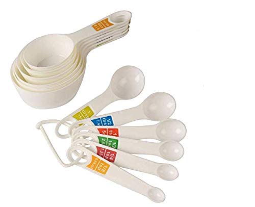 Okayji Plastic Measuring Cups and Spoon Set with Ring Holder, 12 Piece Set, (White)