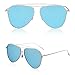 SOJOS Polarized Flat Mirror Lenses Sunglasses Classic Metal Double Bridge Glasses SJ1040 with Silver Frame/Blue Mirrored Polarized Lens