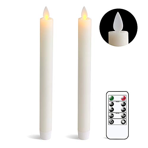 DRomance Flameless Taper Candles with Remote and Timer, Moving Wick LED Flickering Window Candles Battery Operated 0.78 x 9.5 Inches Real Wax Amber Yellow Christmas Window Decoration Set of 2(Ivory)