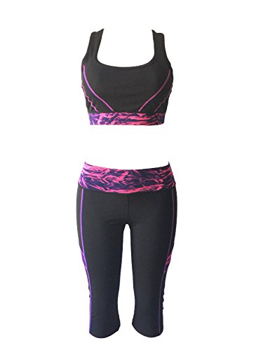 Women Gym Yoga Workout Activewear Sets Unpadded Sports Bra Top + Crop Leggings 2 Pieces Set (M/L, Berry Pink/Navy Black Mix) - Thumbnail 2