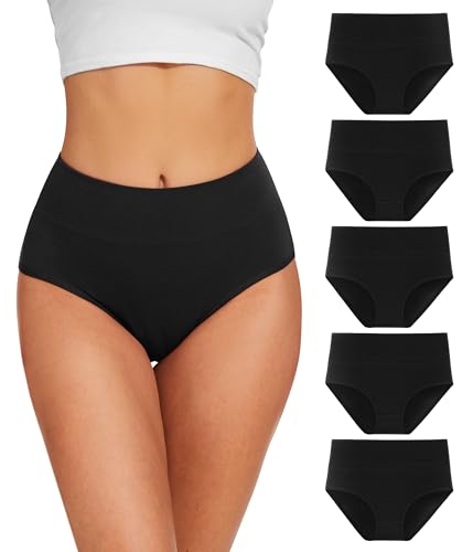 YESWEL Unterhosen Damen 5er Pack, Baumwolle Hohe Taille Unterwäsche, Hipster Stretch Atmungsaktive Panties für Frauen (Schwarz,L) thumbnail 1