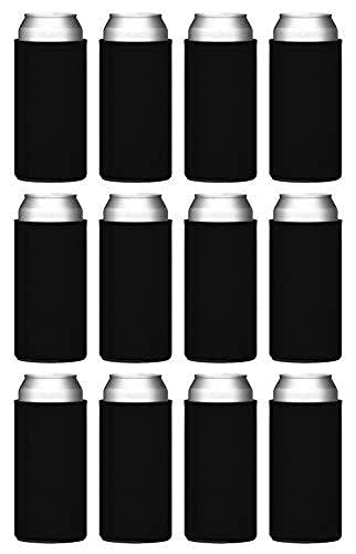 TahoeBay Slim Can Cooler Sleeves (12-Pack) Insulated Polyfoam, Scuba Knit Polyester Fabric Thermocoolers for 12oz Tall Skinny Beverage Canister - Blank Design, Ready for Printing (Black)