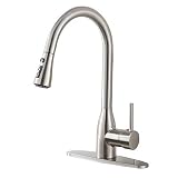 Ufaucet Modern Commercial Lead-free Solid Brass Single Lever Pause Botton Pull Out Sprayer Brushed Nickel Kitchen Faucet, Kitchen Sink Faucet With Deck Plate