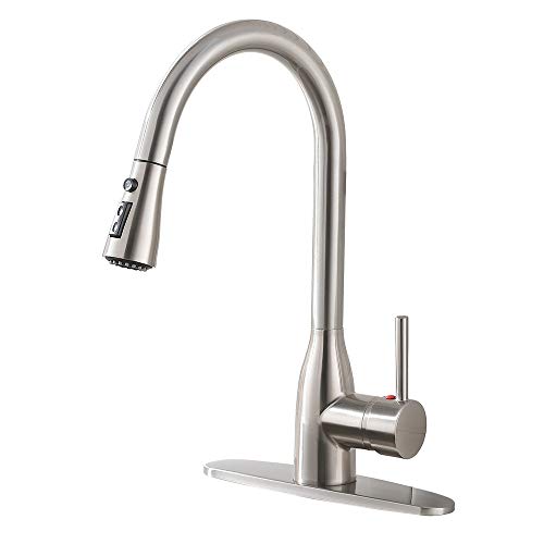 Ufaucet Modern Commercial Lead-free Solid Brass Single Lever Pause Botton Pull Out Sprayer Brushed Nickel Kitchen Faucet, Kitchen Sink Faucet With Deck Plate