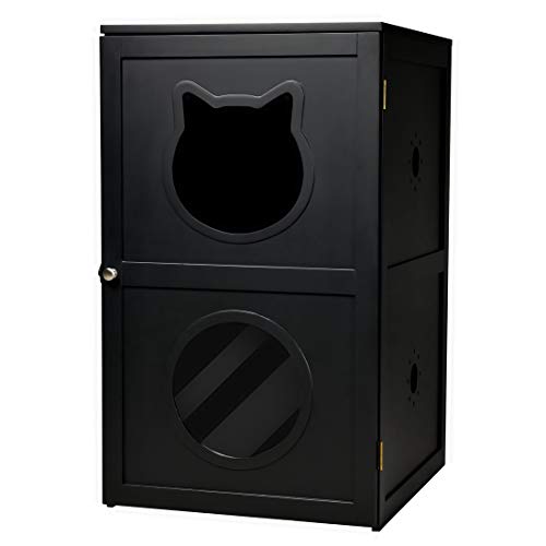 Good Life Double-Decker Indoor Pet Crate 2 Story Cat Litter Box Enclosure Furniture Cat House with Table Home Nightstand Large Box White Pink Color (Black)