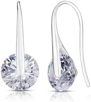 925 Solid Sterling Silver and Floating Spinning Cubic Zirconia Drop Dangling Designer Pierced French Wire Earrings.