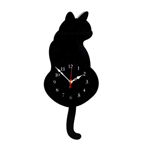 PLEASUR Wall Clock DIY, Creative Cat Acrylic 3D Wall Clock with Swing Tail Pendulum for Living Room Bedroom Kitchen Home DÃ©cor Battery Not Included 42CMx18CM, Black