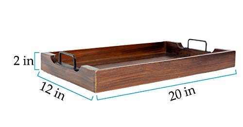 20-inch wooden table tray, Rustic tray, Ottoman tray with strong black metal handles, breakfast tray, coffee/tea/dinner serving tray, food serving trays, tea serving tray