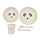 Hugmo Bamboo Toddler Plates and Bowls or Baby Feeding Set, Eco Friendly, Sustainable and Dishwasher Proof, 5pc Set (Panda) - 2 Plates, 1 Cup, 1 Fork and Spoon