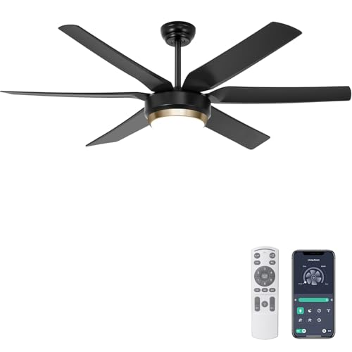 Ohniyou - Ventiladores de techo con luces, ventilador de techo negro de 56 pulgadas, control remoto/aplicación, regulable, silencioso motor de CC para interiores y exteriores