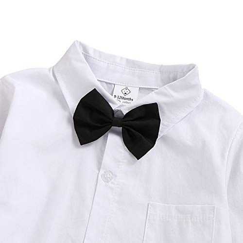 Baby Boys Gentleman Outfit Set, Infant Plain Shirt+Bowtie +Suspenders Pants for Toddler Casual Formal Wedding Birthday Party (White Long Sleeve Plain Black Pants, 18-24 Months)