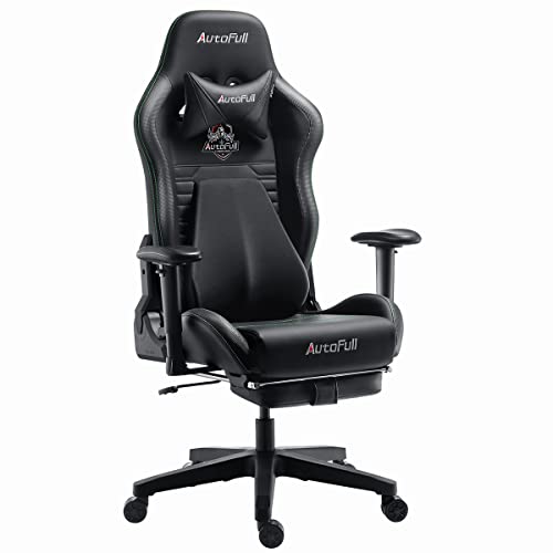 AutoFull Chaise Gaming Fauteuil Gamer Ergonomique Chaise Gamer Cuir PU Chaise De Bureau, Hauteur D'assise et Inclinaison du Dossier Réglables,Appui-tête et Support lombair, Repose-Pieds,Noir