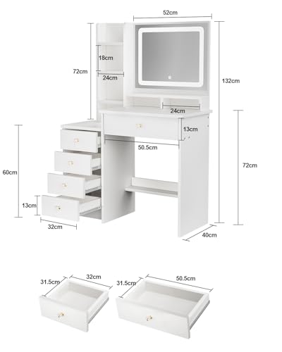 Vanity Desk, Makeup Table with Mirror and Lights, 90cm White Dressing Table, Five Drawers