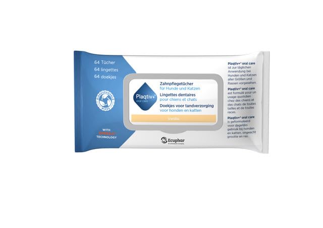 Plaqtiv+ Dental Care Wipes | Pack of 64 | Care Products for Dogs and Cats | Can Contribute to Good Mouth Hygiene | Can Help Inhibit the Formation of Tartar