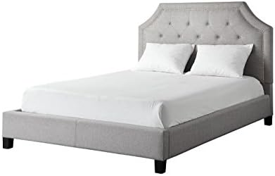 Diamond Button Tufted Clipped Corners Gray Linen Upholstered Queen Headboard and Bed Includes ModHaus Living (TM) Pen