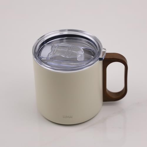 LUMAI Caneca Térmica 350ml Inox com Tampa Antivazamento Premium - Branca | Caneca de Café Caraíva, Aço Inox 304, Parede Dupla com Isolamento Térmico, Alça Estilo Madeira, Bebidas Quentes ou Frias