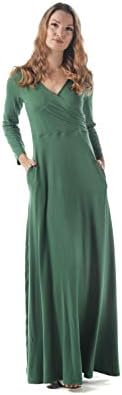 momomio Womens Maxi Dress Faux Wrap Long Sleeve with Pockets