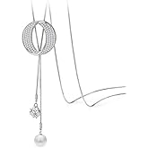 Vintage Statement Rhinestone Circle Pearl Drop Lariat Long Sweater Necklace For Women Alloy Faux Pearl Y Shape Adjustable Gold Silver Two Colors
