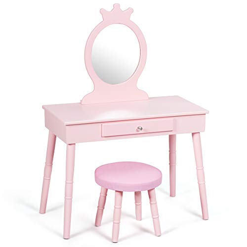 GOFLAME Kids Vanity Set, Princess Dressing Table Set, Wooden Dresser