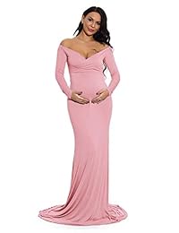 ZIUMUDY Vestido de maternidad ajustado con cuello en V y hombros descubiertos de manga larga Maxi vestido de fotografía