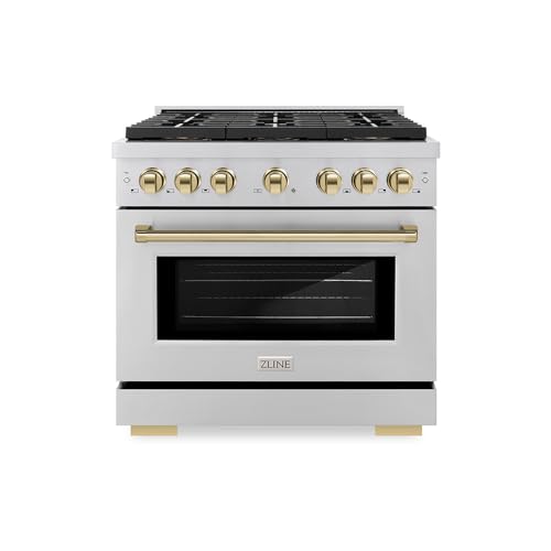 ZLINE Autograph Edition 36 in. 5.2 cu. ft. Paramount Dual Fuel Range with 6 Burner DuoPro™ Cooktop and Electric Convection Oven in Stainless Steel and Polished Gold Accents (PSDRZ-36-G)