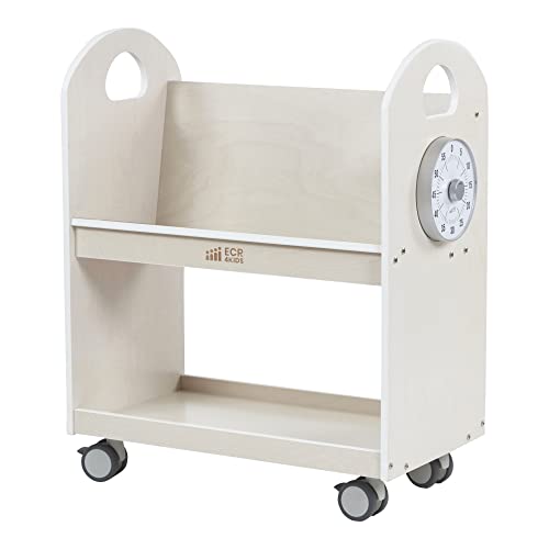 ECR4Kids Mobile Book Cart with Countdown Timer, Classroom Bookshelf, White Wash