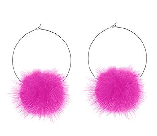 DepopUp Fur Pom Pom Fluffy Earrings Cute Kawaii Festival Acessories Baby Pink White Black Green Silver (Hot Pink)
