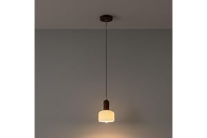 Mid-Century Ceramic Pendant Light, Walnut Wood Hanging Light Fixture, Retro Pleated Pottery Chandelier, Vintage Suspension La