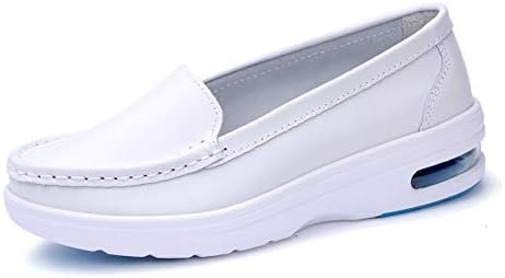 TRULAND Women's Leather Nurse Shoes All White/Black Comfortable Lightweight Air Cushion Slip Resistant Work Nursing Shoes