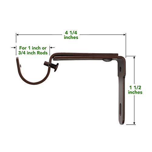 GB HOME COLLECTION gbHome GH-6752S2BR Adjustable Curtain Rod Brackets for 1 inch Rods, Set of 2, Brown, Premium Steel Single Rod Bracket for Walls, Drapery Rod Holder, Extendable Metal Wall Bracket