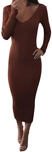 Baiggooswt Women's Basic Multi-Colored Long Sleeve Stretchy Bodycon Long Maxi V-Neck Dress