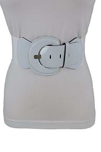TFJ Women Fashion Wide Belt Hip High Waist Faux Patent Leather Elastic White M L XL